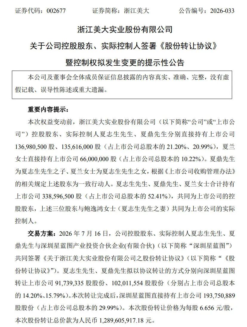 浙江美大公告